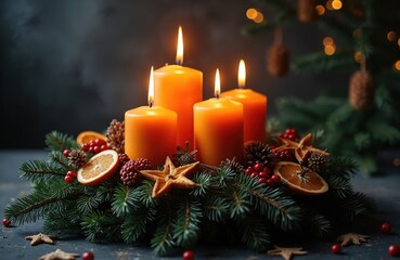 Naklejka premium Four orange candles burn on advent wreath with pine needles berries dried orange slices. Christmas decor with pinecones stars on table. Festive winter holiday celebration.