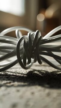 Tangled white cables on a rough surface in soft light