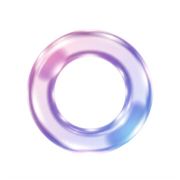 Transparent glassy donut shape, abstract gradient pastel colors from pink to purple to blue isolated on grid background, subtle reflections
