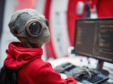 Gray alien in red hoodie typing on keyboard at computer