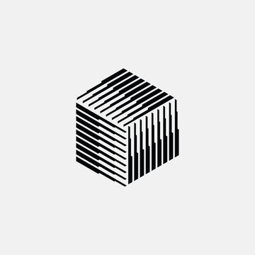 Isometric cube illustration with parallel lines and geometric design.