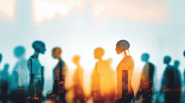 AI automation replacing jobs as humans and robots walk in business district