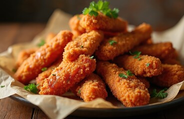 Fototapeta premium Spicy nashville hot chicken tenders piled high on plate, garnished with parsley. Crispy fried chicken pieces coated in breadcrumbs with red sauce. Delicious American comfort food, perfect for lunch