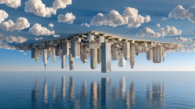 Fantasy Urban Mirage: A surreal cityscape floats inverted above a calm sea, reflecting a mesmerizing vision of architectural marvels and ethereal beauty. 