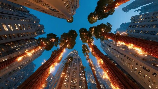 Urban Oasis: A unique perspective captures the grandeur of towering trees reaching for the sky amidst a forest of skyscrapers, with a serene blue twilight backdrop.