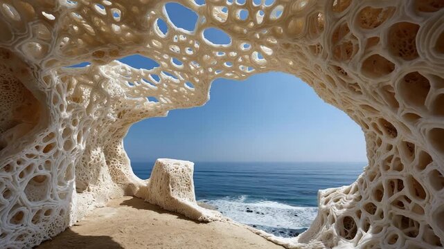 Architectural Seascape Vista: A breathtaking architectural marvel frames an awe-inspiring seascape, where sculpted forms meet the vast, cerulean expanse of the sea and sky.