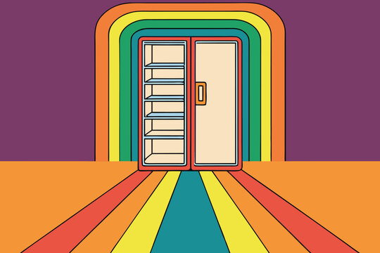 Colorful rainbow door with open double doors archway