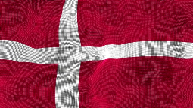 Realistic Denmark National Flag Ripple Animation with White Nordic Cross on Red. Seamless Loop of Denmark Flag Dannebrog Waving Against Blue Sky