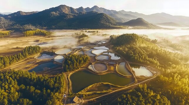 Aerial landscape with ponds fields and mountains in sunlight