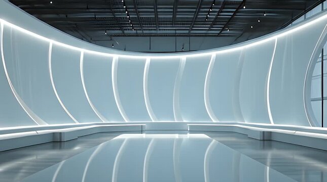 Modern architectural interior with a curved, illuminated wall, glossy floor, and a dark ceiling. Natural light streams through large windows