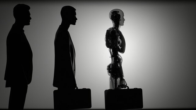 Automation and AI job displacement policy concept, workforce disruption and regulation debate silhouette with copy space