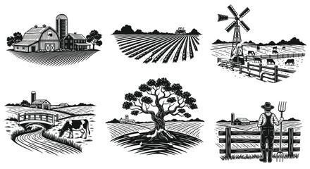 Vintage farm scene illustrations barns fields livestock and rural landscapes © Ziaul_Studio