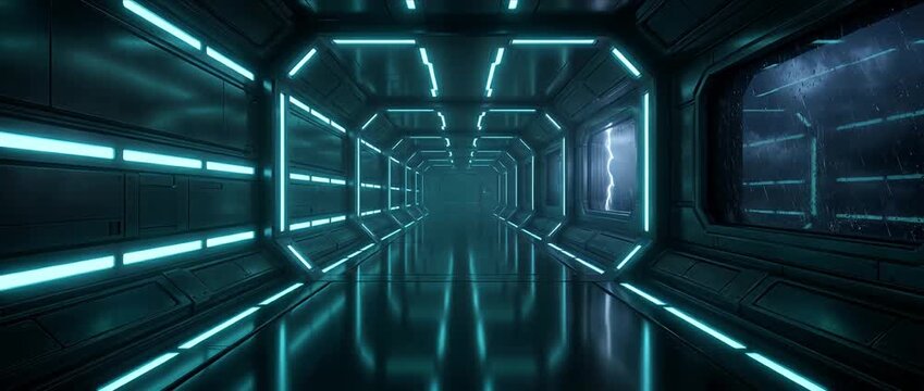 Futuristic corridor neon light sci fi hallway cyberpunk tunnel blue glow reflection metal wall empty space moody atmosphere interior perspective with glowing lines reflective floor digital background