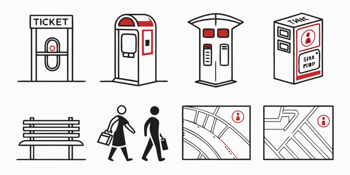 Public transportation with people walking and city maps ticket machine ticket booth