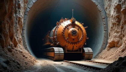 Fototapeta premium Massive orange tunnel boring machine advances through dark earth cavity on tracks. Heavy engineering equipment digs deep underground. Construction project builds new infrastructure.