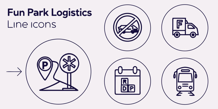 Fun park logistics line set with delivery truck and bus line delivery truck calendar