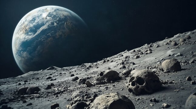 Skulls and bones on a desolate moonscape with Earth in space