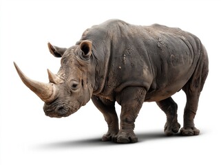 Obraz premium Large grey rhinoceros with horns, isolated on white.