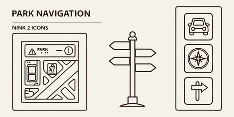 Fototapeta premium Park navigation with signs and maps directions park signs