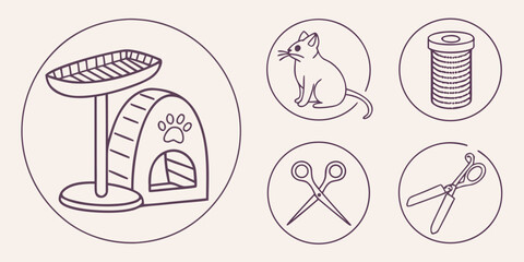 Fototapeta premium Pet care and accessories line cat mouse pet tower scissors