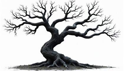 Obraz premium Twisted dead tree with exposed roots stands starkly against clean white backdrop. Bare branches reach outward, creating silhouette decay, winter dormancy. Gnarled trunk shows age, resilience.
