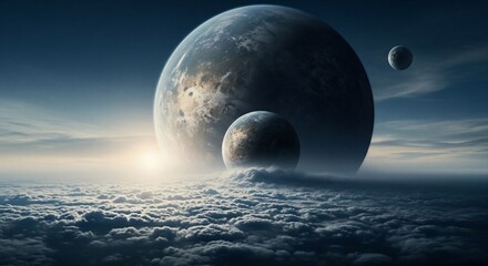Planets above the clouds with bright sunlight concept image digital artwork
