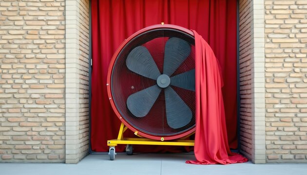 Large fan sits in brick building doorway, covered partly by red fabric. This device tests house airtightness, checks for air leaks, and aids in energy audits for better efficiency.
