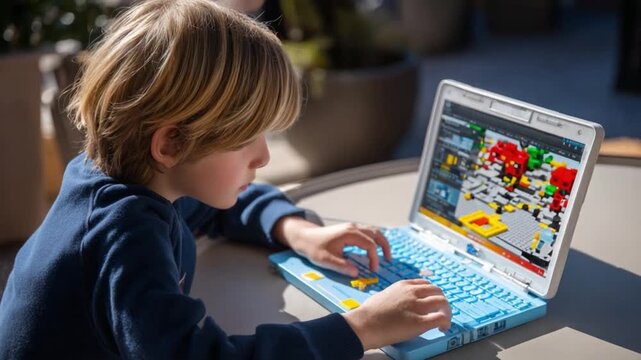 Young Creator: A focused child engrossed in creative digital play, constructing and exploring his imaginative world on a laptop computer.