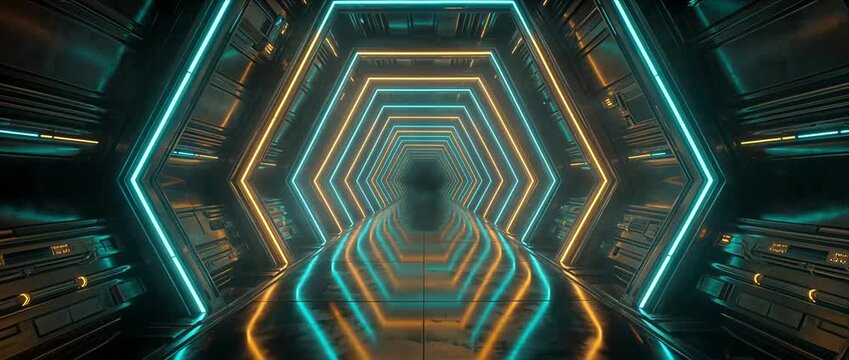 Futuristic tunnel neon light hexagon corridor sci fi background cyberpunk hallway glowing reflection digital art blue orange glow abstract geometry immersive space corridor neon tunnel hexagon