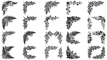 Collection of Black Floral Corner Borders with Fern Leaves Olive Branches and Vines © Design Paradise
