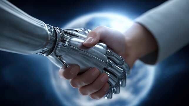 Human and robot handshake representing trust, governance, and responsible AI