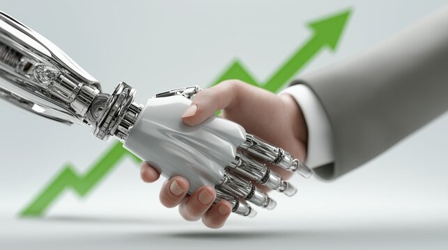 Human and humanoid robot partnership for fintech innovation, AI investing and financial transformation concept