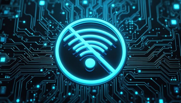 Digital circuit board with glowing blue Wi-Fi symbol crossed out. Represents no wireless connection, internet access ban, or network security failure. Technology concept art.