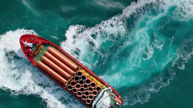 Seaborne Cargo Voyage: An aerial perspective captures a cargo ship navigating the vast expanse of the ocean. The ship, laden with cylindrical cargo, carves a path through the water.
