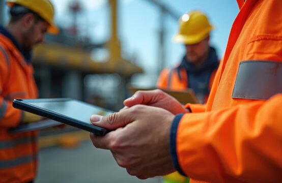 Construction workers in orange vests and yellow helmets use tablet computer on industrial site. One man checks data on device, colleagues observe background. Team collaboration on project.