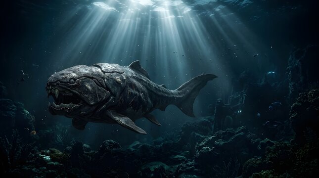 A hyper realistic illustration of a massive prehistoric fish resembling Dunkleosteus swimming in the deep ocean.