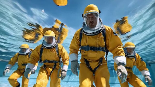 Protective Response Team: A group of individuals clad in hazmat suits navigates a hazardous environment, ready to tackle any dangers that come their way.