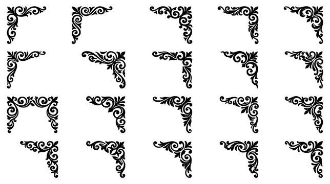 Collection of twenty black ornate floral corner ornaments for elegant wedding invitation design