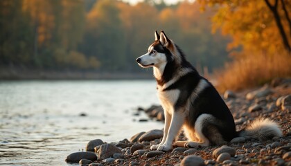 Obraz premium Siberian husky dog sits on riverbank rocks during autumn. Pet looks at horizon across water with calm expression. Trees with fall colors surround wild nature landscape.