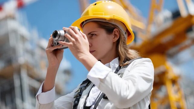Visionary at Work: A female construction worker in a yellow hard hat peers intently through a camera, capturing a moment of a construction site. The image highlights focus and observation. 