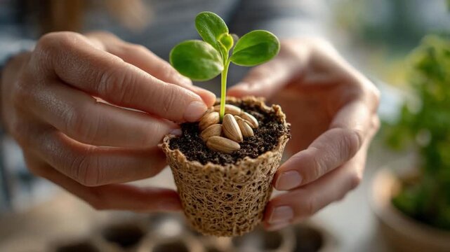 Nurturing New Life: Delicate hands cradle a tender seedling in a biodegradable pot, symbolizing growth and renewal.