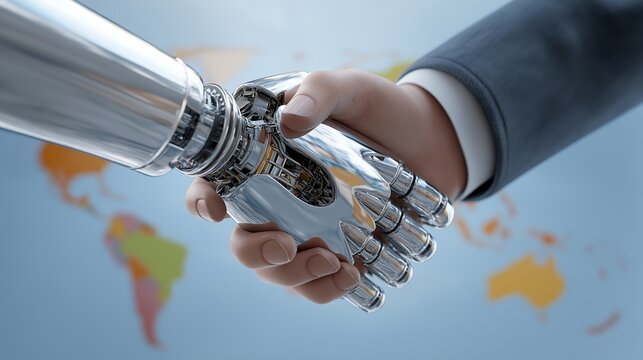 Human and humanoid robot handshake for AI business partnership
