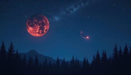 Fototapeta premium Crimson moon and crescent planet glow in dark starry sky. Dark forest and mountain silhouettes stand below a vast expanse of space. Night sky filled with celestial bodies and cosmic wonders.