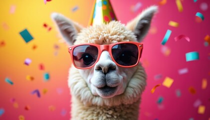 Fototapeta premium Llama wears sunglasses and party hat. Confetti falls around fluffy animal celebrating birthday. Fun alpaca with cool eyewear smiles on pink background.