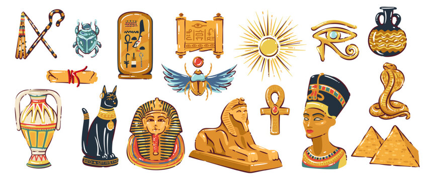 Ancient Egyptian symbols set with ankh, scarab, Eye of Horus, papyrus scroll, sun disk, sphinx, pyramids, ritual objects and artifacts. Ancient Egypt symbols set, vector illustration