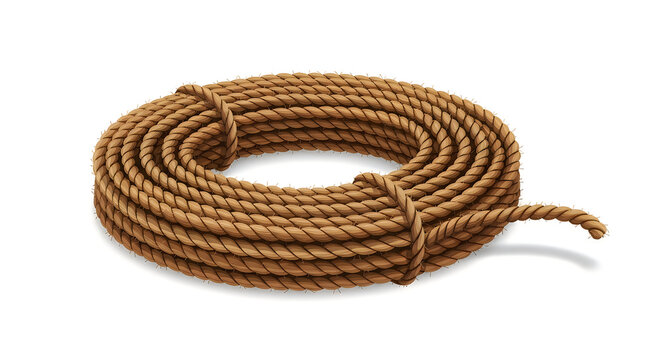 A brown leather cord and black thread string roll features a tied knot and a lasso loop isolated on white as a fashion jewelry object or equipment line