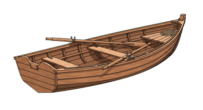 An empty old wooden rowing boat with oars rests isolated on a white background, evoking a sense of summer travel and traditional fishing on a calm lake or sea coast
