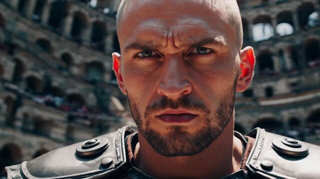 Gladiator stands in ancient arena. Warrior wearing ornate armor faces crowd in colosseum. Battle tension visible on man face. Historical setting evokes ancient combat. Closeup portrait shows strength.
