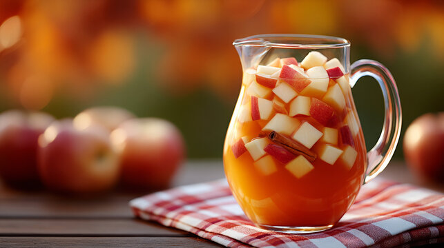 Refreshing apple cider in pitcher with diced apples on table  