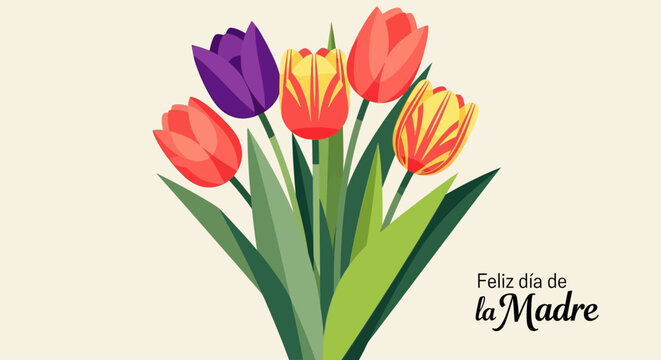 Feliz D&iacute;a de la Madre Greeting Card with a Vibrant Tulip Bouquet, Flat Vector Illustration for Spanish Mother's Day